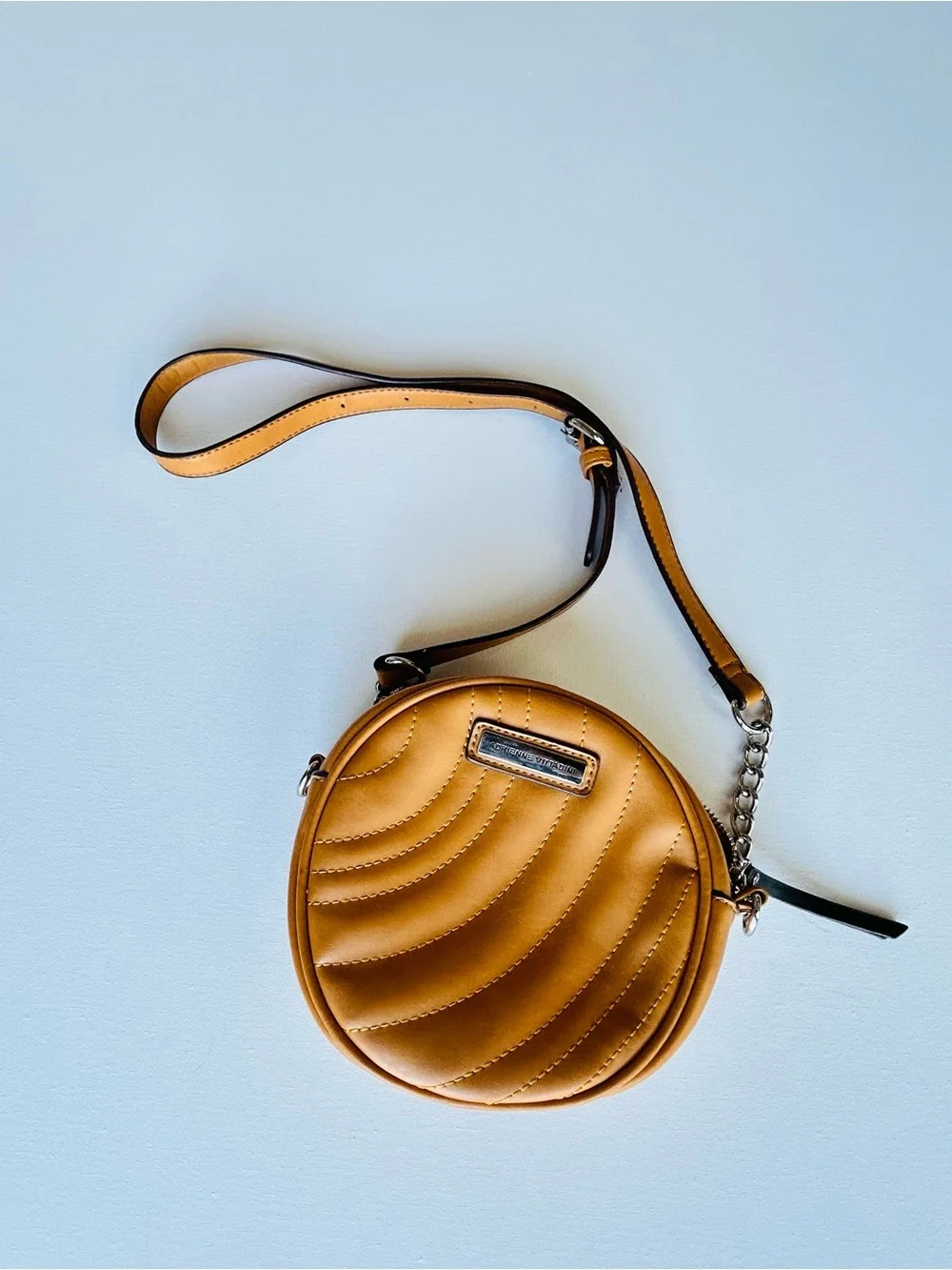 Adrienne Vittadini Round Quilted Crossbody Bag in Tan